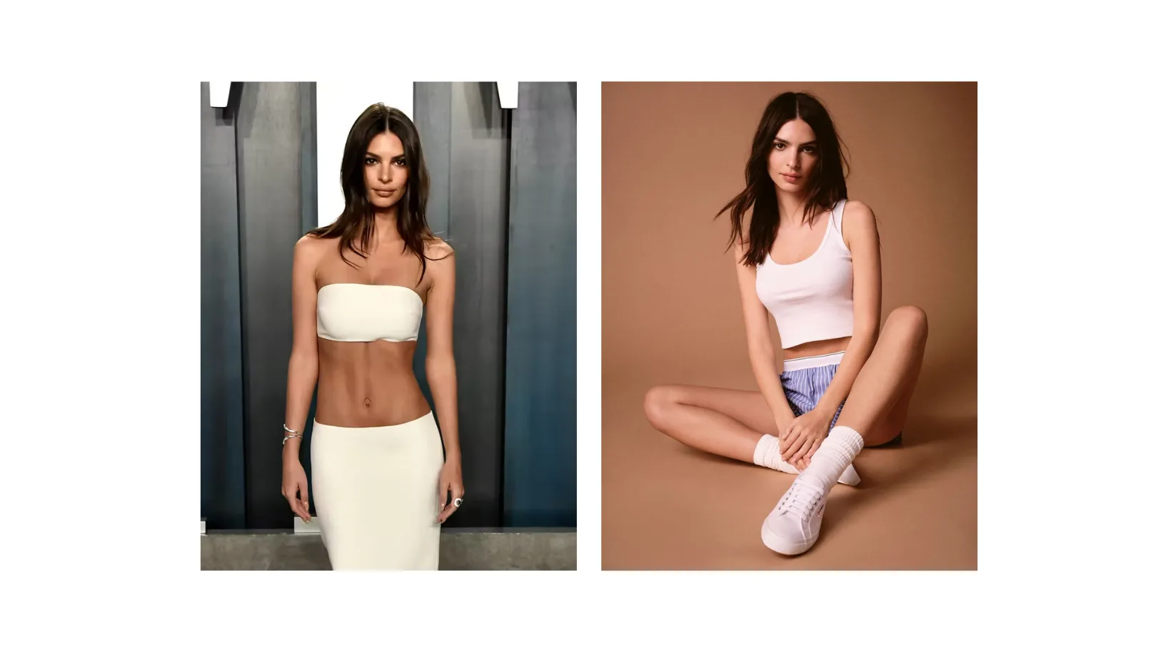 Emily Ratajkowski shows off her taut midriff in a beige crop top and orange skirt while stepping out in New York City