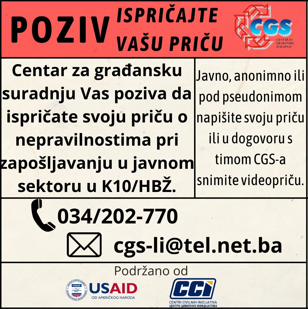 K10/HBŽ: Poziv građanima/kama da ispričaju svoju priču o nepravilnostima pri zapošljavanju u javnom sektoru