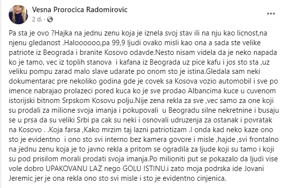 DOK JOVANU JEREMIĆ NAPADAJU ZBOG IZJAVE O KOSOVU, PROROČICA VESNA JE PODRŽALA: Busaju se u prsa da su veliki Srbi, ali iz toplih beogradskih domova