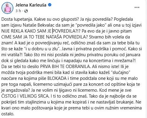 Nakon izjava Nataše Bekvalac da ju je povrijedila, Jelena Karleuša uzvraća: “Ne volim ni ljigavo, ni licemjerno. Kopiraš me…”