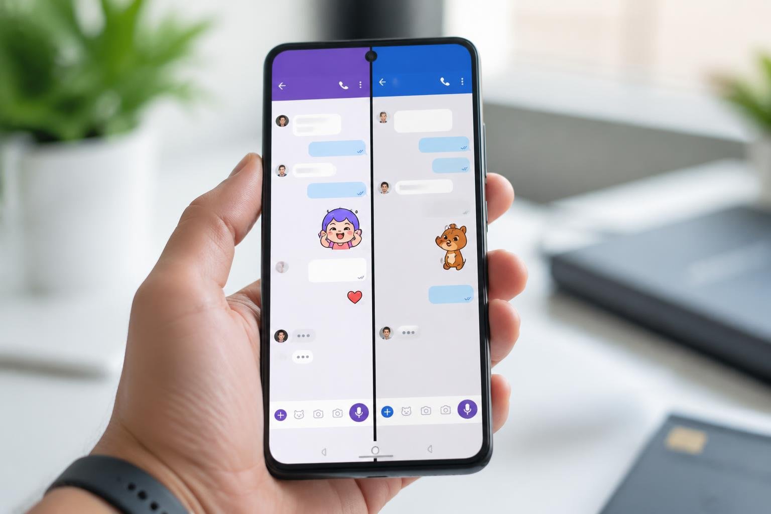 Kako koristiti dva Viber broja na istom telefonu? Mogućnosti Ruka drži pametni telefon s dvije aktivne Viber aplikacije na ekranu.