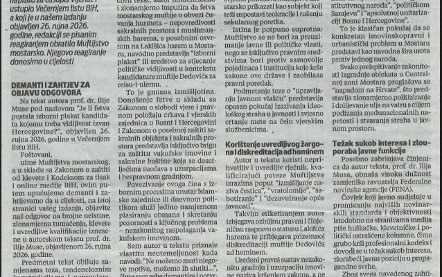 Muftijstvo mostarsko ukazalo na sukob interesa i klevetničke optužbe u tekstu zamjenika direktora FENA-e objavljenom u Večernjem listu