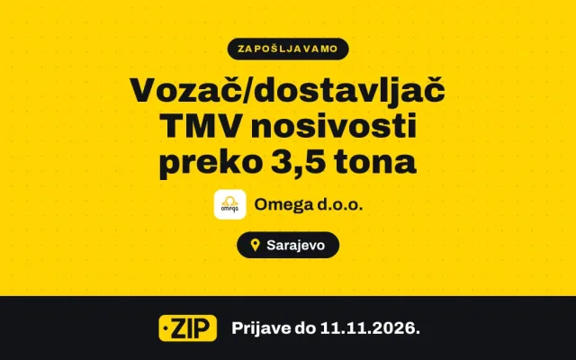 Omega d.o.o. zapošljava: Vozač/dostavljač TMV nosivosti preko 3,5 tona (Sarajevo)